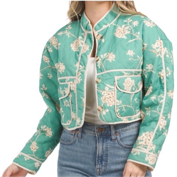 7 FOR ALL MANKIND Quilted Cropped Jacket Womens Sz S Green Floral Cotton Retro - Picture 1 of 14